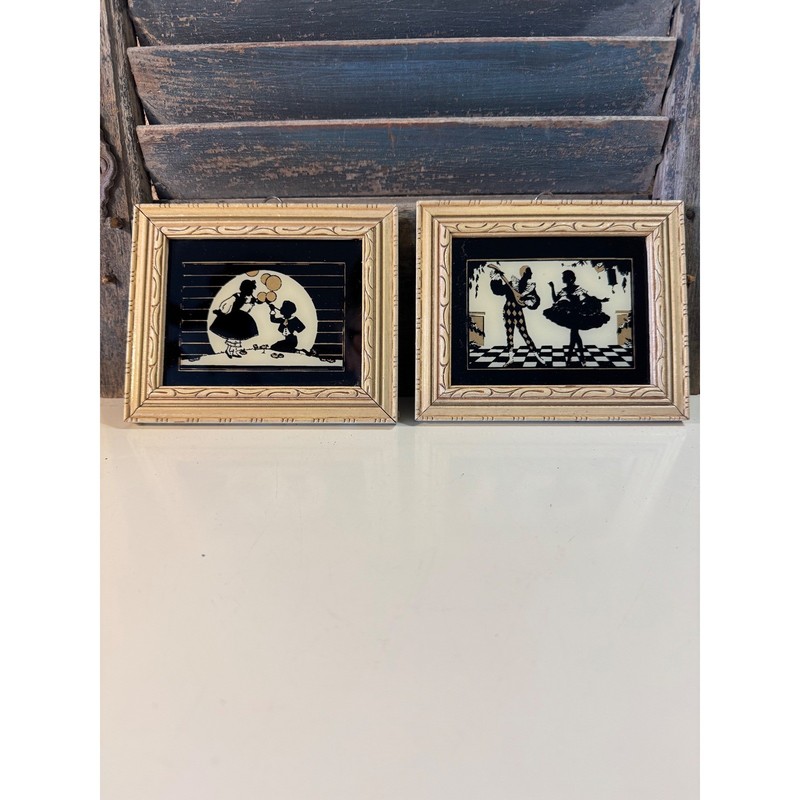 Vintage Reverse Glass Silhouette Art Pair Harlequin Dancer & Bubbles Framed Set