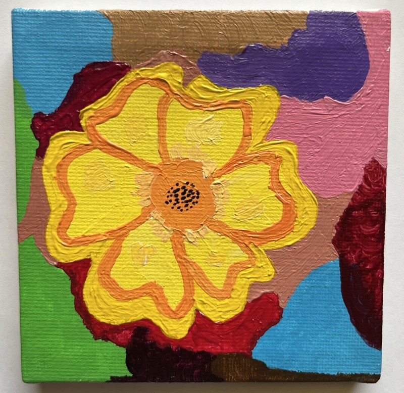 Original Abstract Acrylic On Canvas 4×4 Miniature Yellow Flower Signed WCOA