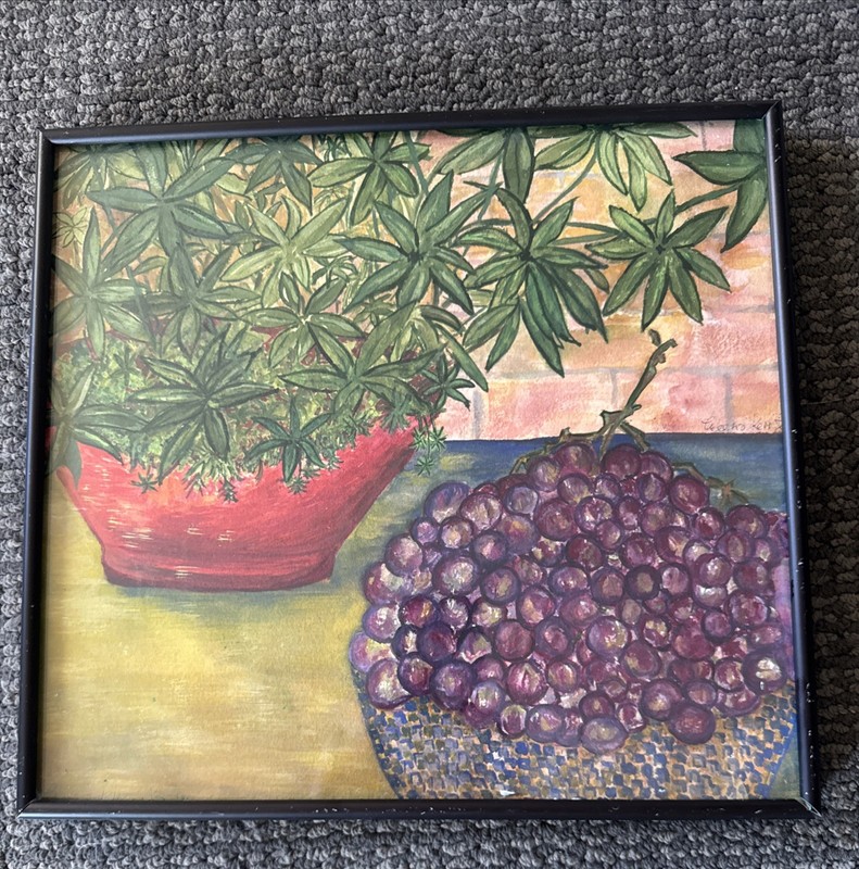 Original Watercolor Still Life Painting Potted Plant Grapes Signed 12×13”