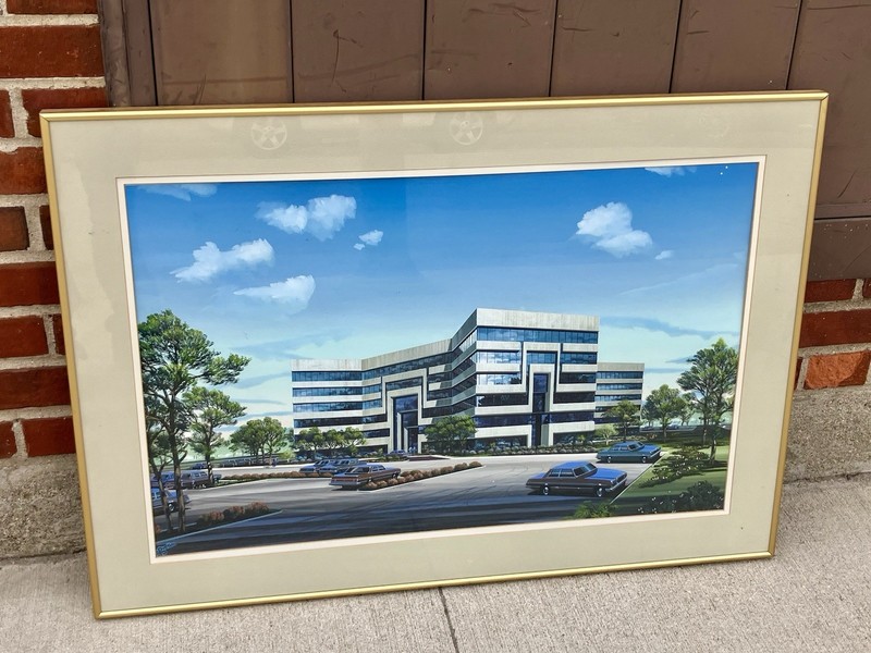 Vintage Mid Century Architectural Rendering / Painting Glass Building “Prelim”