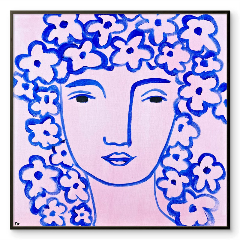 Woman with Floral Crown Painting, Minimalist Portrait Art 12×12