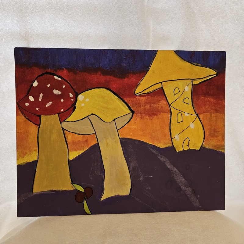 Whimsical Naïve-Style Acrylic Painting of Stylized Mushrooms. 14×11 In.