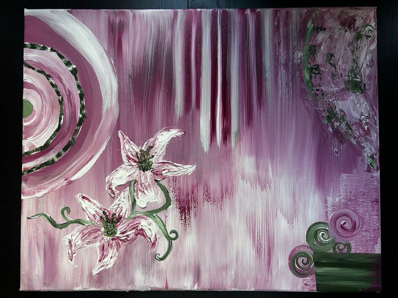 Abstract Textured Floral Painting Purple/White Flowers Spiral Design, Unframed