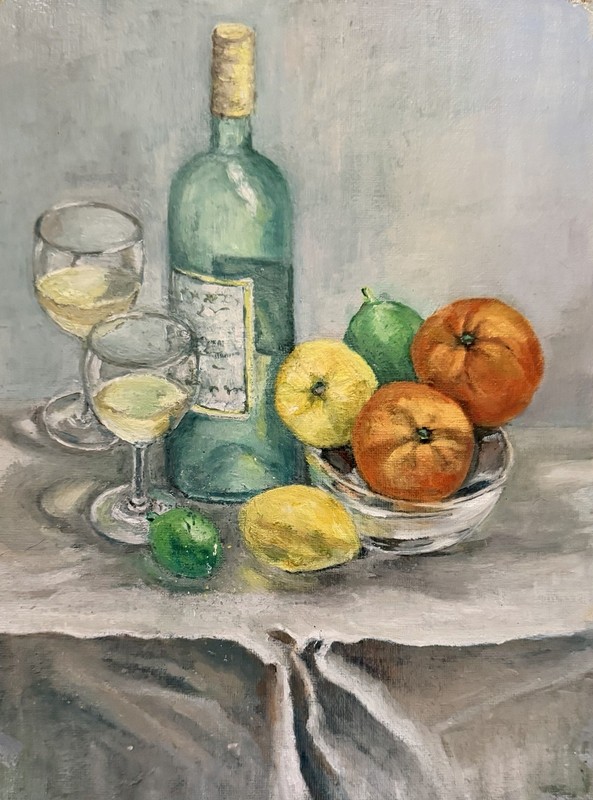 Original Oil Painting Still Life Wine Bottle Fruit Lemons 12×9
