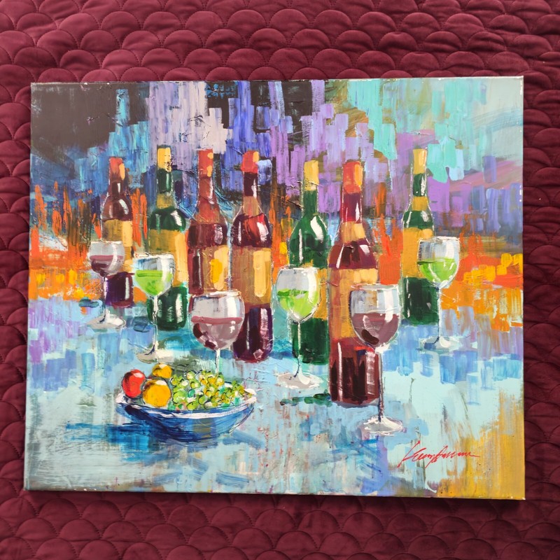 Kerry Hallam Original Signed Acrylic Painting on Canvas Titled «Savoir Des Vins»