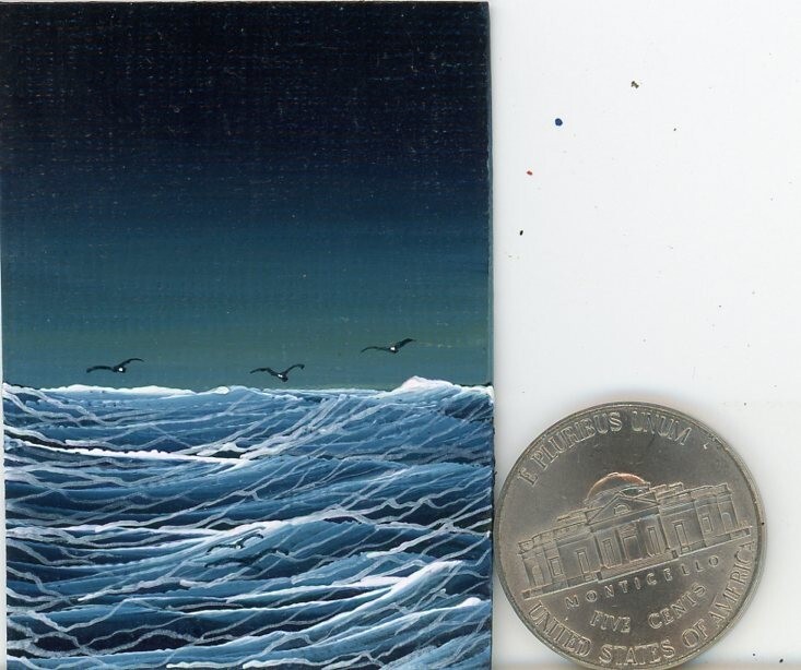 ORIGINAL 2×1.5 Acrylic Waves Seascape Ocean Seagulls Mini Art Painting HYMES