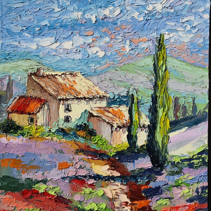 Lavender Field Cottage Painting Tuscany Landscape Original Oil Art