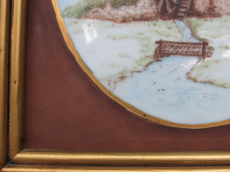 Landscape Oil Painting on Milk Glass MILL CREEK TREE Wood Brass Frame Vtg SIGNED gallery
