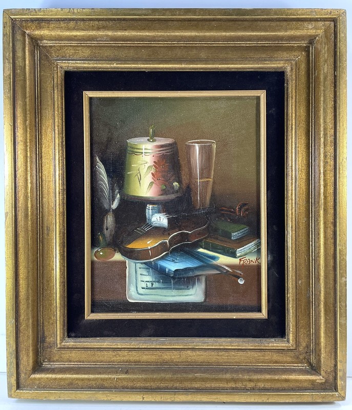 Still Life Violin Books Music Oil Painting Signed FRANK LEAN Vintage Gold Frame