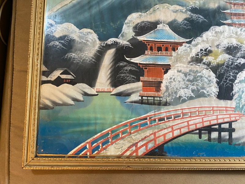 Vintage "Mt Fuji Bridge And Landscape Scene" Mixed Media Painting - Framed gallery