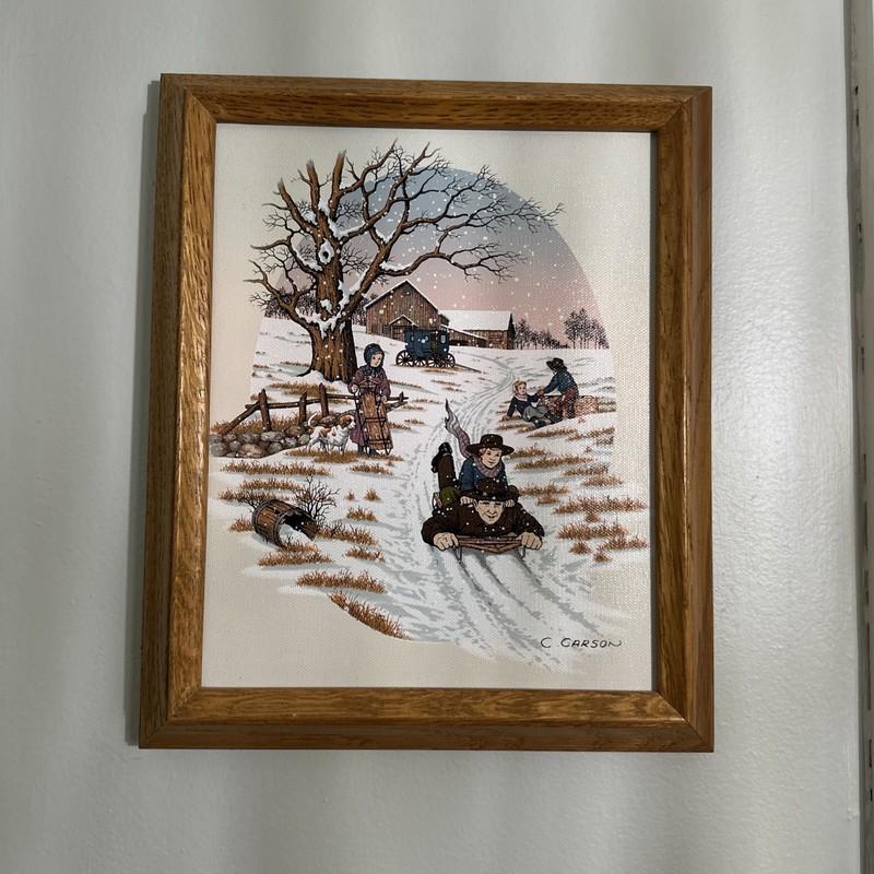 Vintage C. Carson Canvas Oil Painting Wood Framed Snowy Farm Coca-Cola Set Of 2