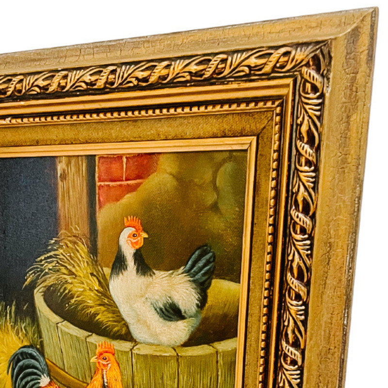 Framed Chickens & Rooster In Barnyard Oil Painting 14.25"H x 12.25"W gallery