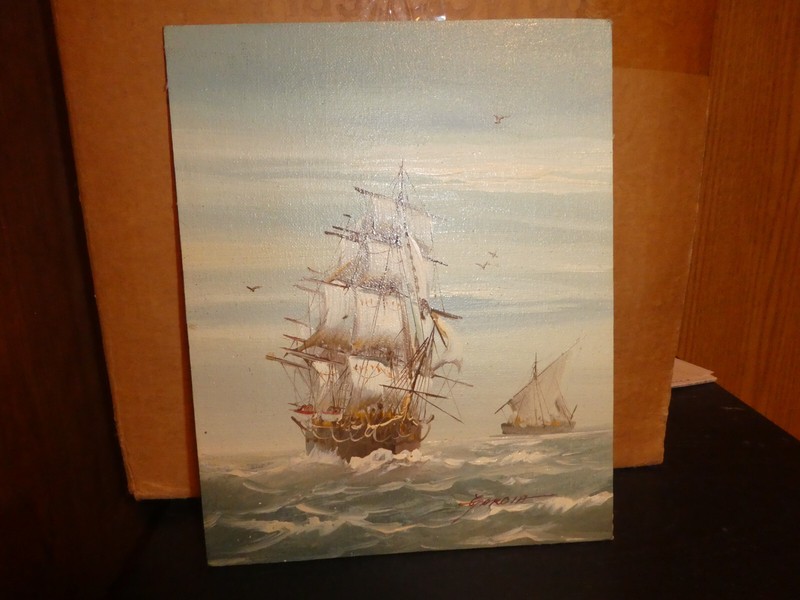 VTG OIL PAINTING SAIL SHIP ON BOARD UNFRAMED SIGNED ART