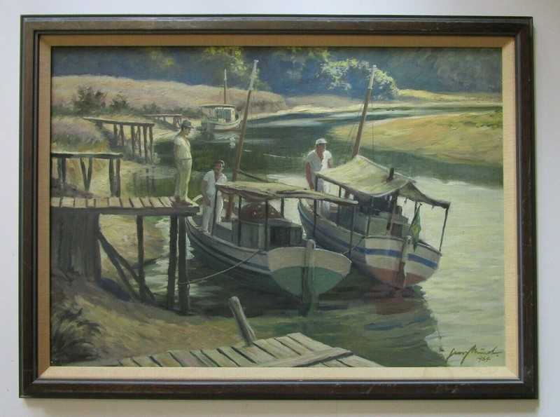 SIGNED 1960’S NAUTICAL PAINTING FISHERMAN BOATS MARINA MYSTERY ARTIST VINTAGE