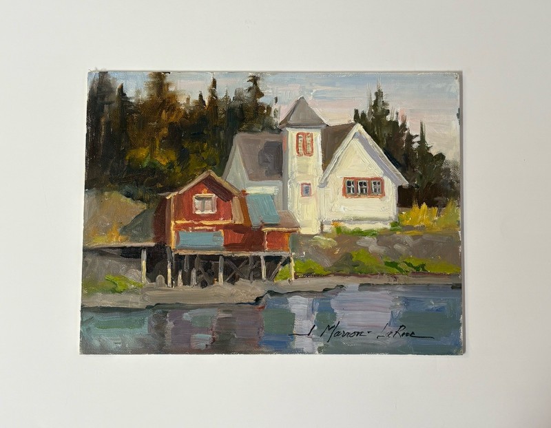 JOAN MARRON LARUE PAINTING OIL ALASKA LANDSCAPE VILLAGE PLEIN AIR CITYSCAPE VTG
