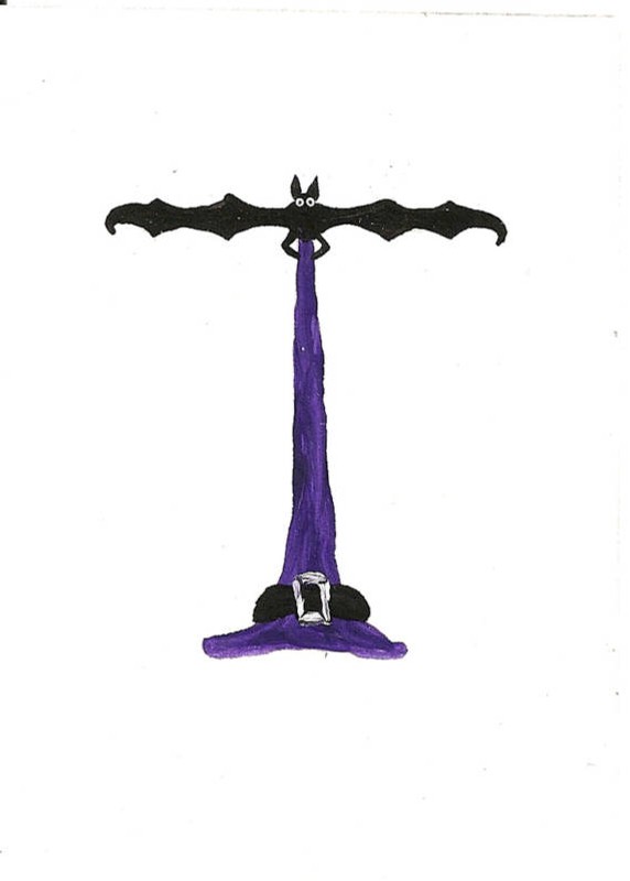 HALLOWEEN ALPHABET ACEO PRINT OF PAINTING FOLK ART BAT LETTER T BAT WITCH HAT