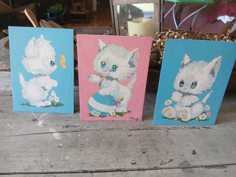 3 Vtg PBN Picture Painting Cat Kitten Flowers Ball Butterfly Unframed 8” x 6”