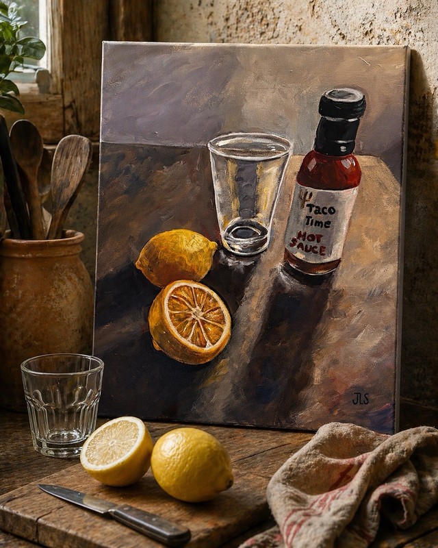Taco Time Hot Sauce Lemon Still Life Painting Rustic Kitchen Art 16×20