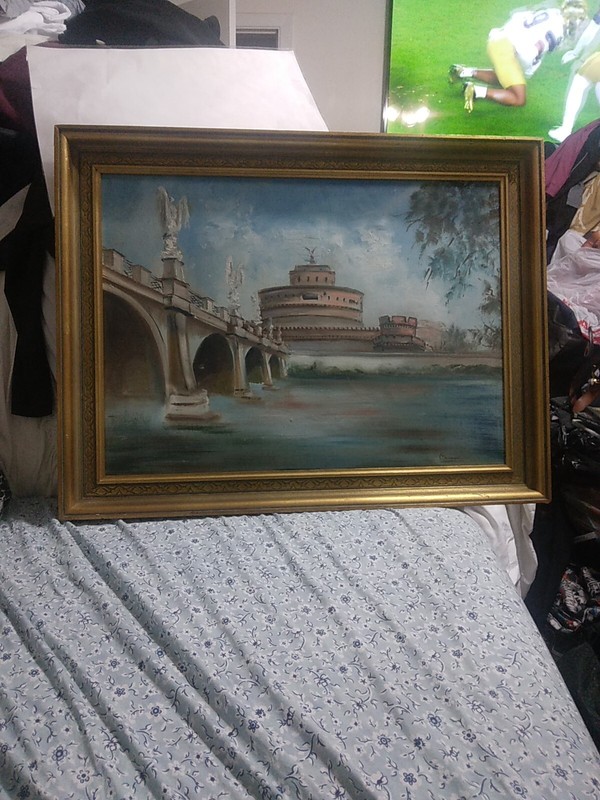Oil Painting River And Old City Signed Frame 30 3/8 X 23 3/8 Sold As Is Used gallery