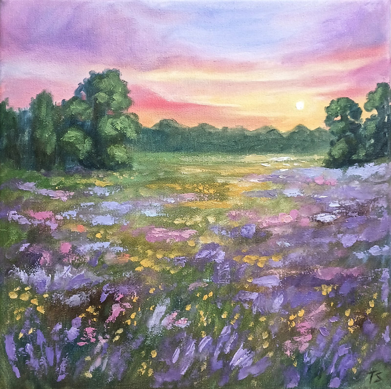 Wild Flowers ORIGINAL Oil Painting Landscape Colorful Sunset Artwork 10″ x 10″