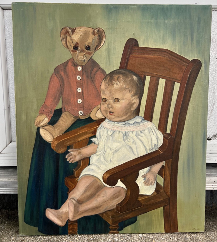 Original Oil Painting Art Scary Baby Doll & Spooky Teddy Bear Outsider Art 1971