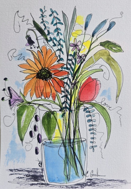 Original Signed Watercolor Painting. Floral. Line and Wash. Bouquet. Gift