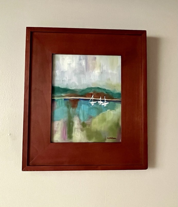 ORIGINAL Abstract Modern SIGNED Lakeshore/Seascape Sailboats FRAMED Aqua/Lime gallery