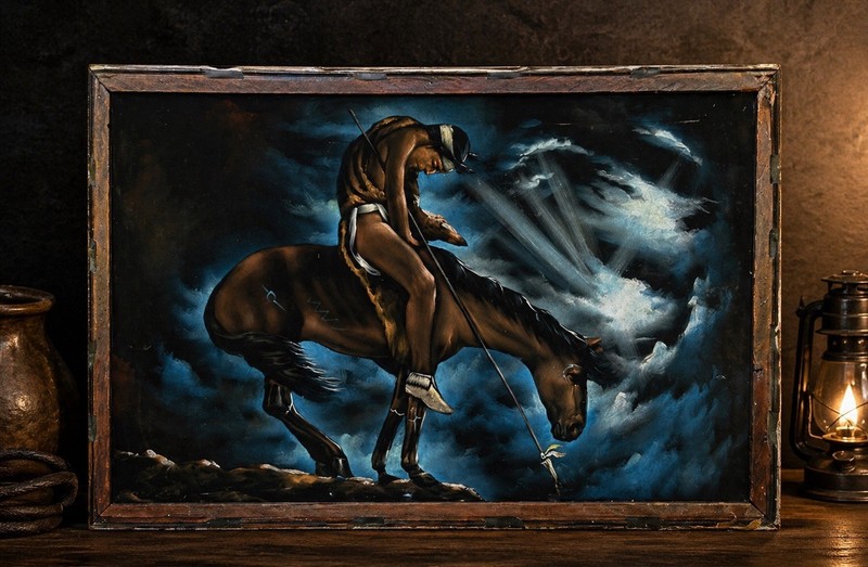 Velvet Painting Native American Indian Large 38” Indigenous Warrior Horse 70s