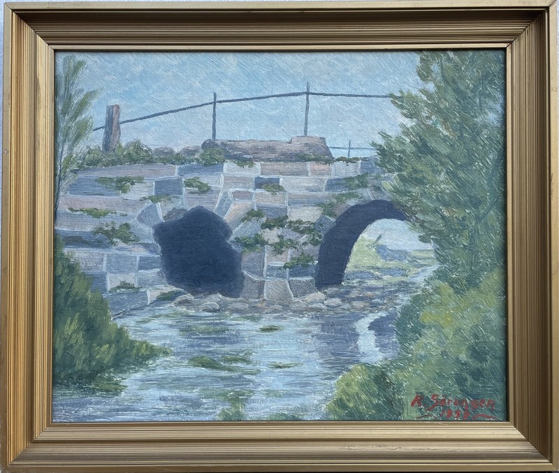 Oil painting Landscape with Stone Bridge over a River K Sörensen 1959