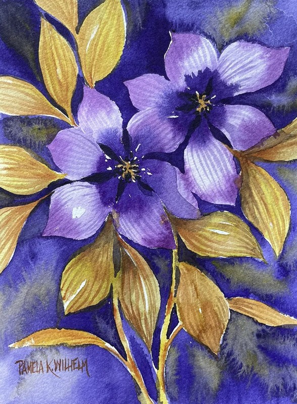 Original Watercolor By Pamela Wilhelm yellow-gold deep purple flowers 5.5×7.5”