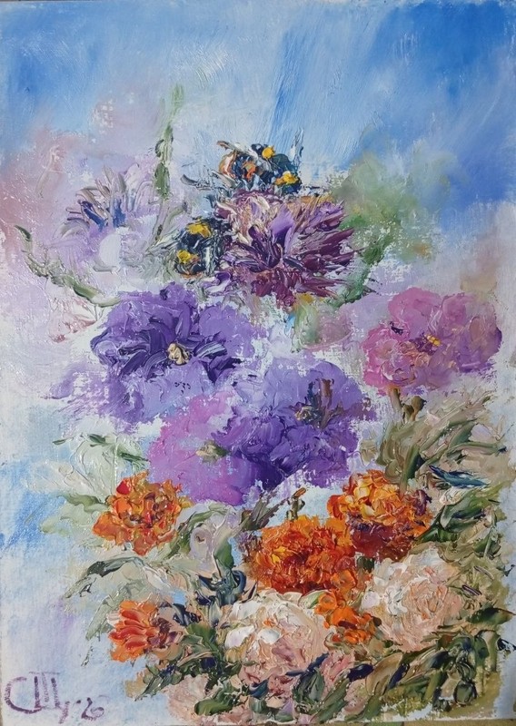 «Bumblebees» painting. Oil on hardboard. 5×7 inch. Handmade. 2026. Unframed.