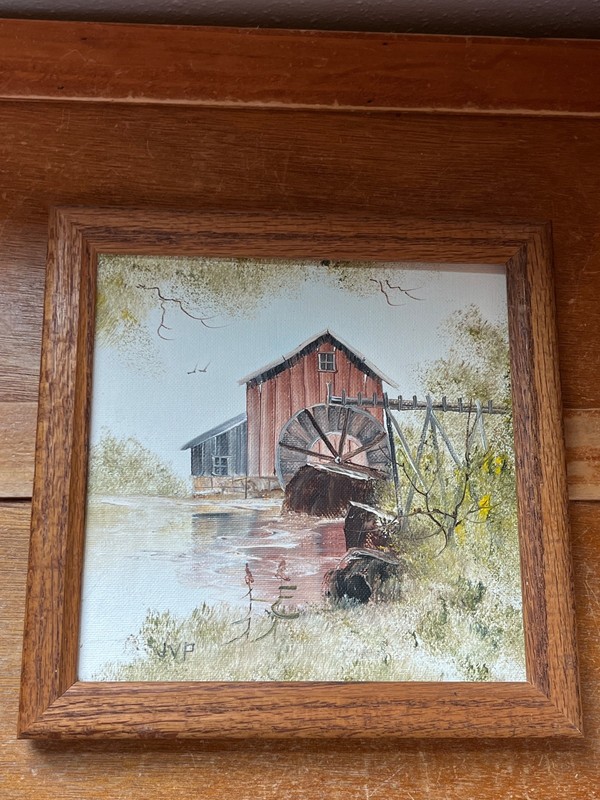 Vintage Original Artist Signed Oil Painting of Water Mill in Square Oak Wood