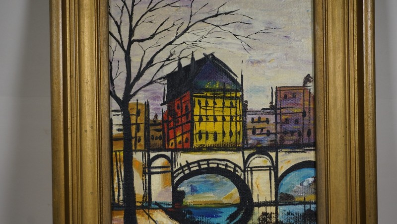 MCM Oil painting of a european Townscape - Mid Century signed by E. Ackerman gallery