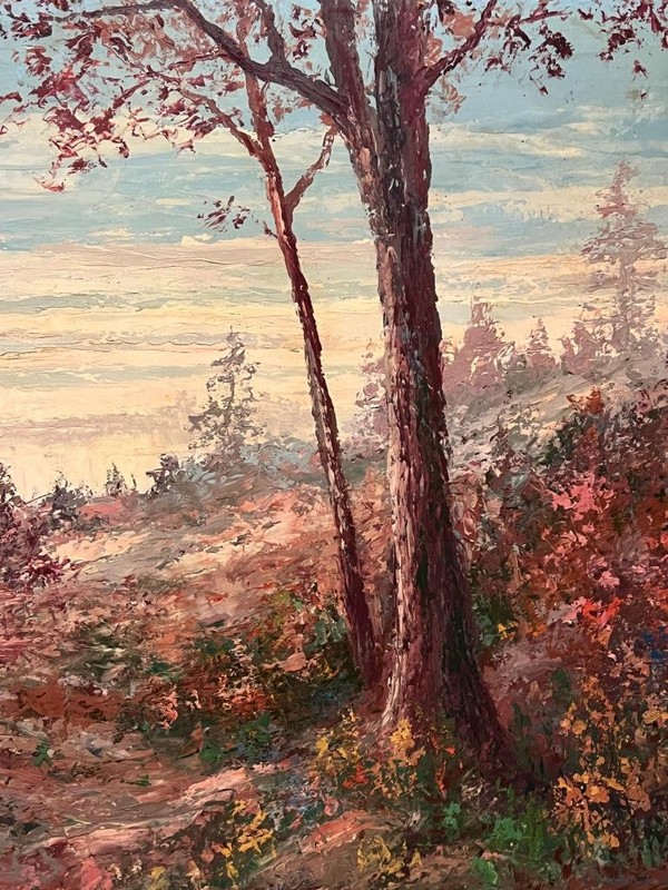 Old 1959 Expressionist Impressionist Landscape Oil Painting Trees Artist Signed gallery