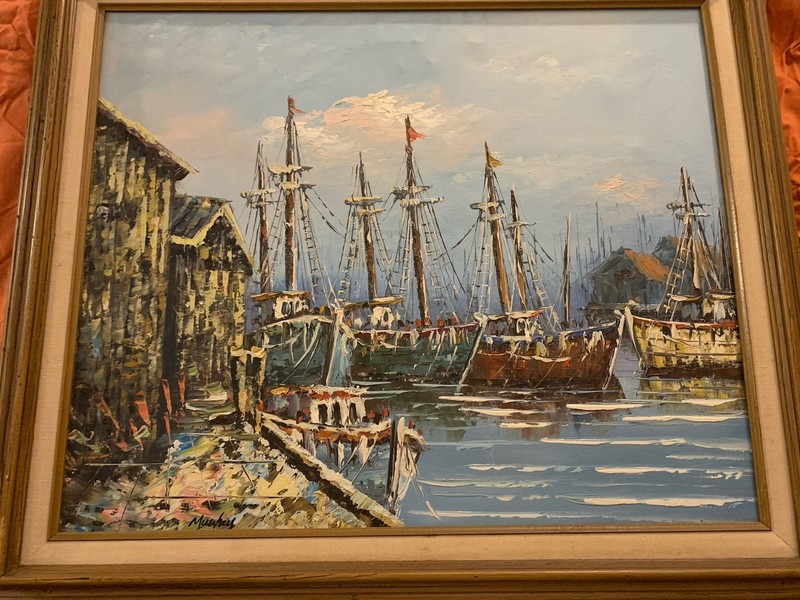 VTG Framed Oil Painting Sail Boats In Harbor Impressionist, 29x25”, Signed gallery