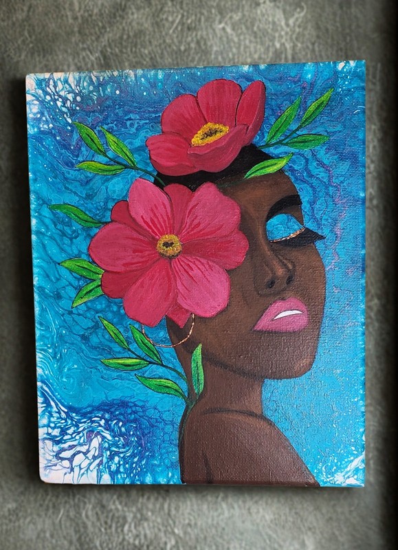 8×10 Ready To Hang Canvas Lady W/Flowers & Gold Foil Tocuhes On Fluid Pour