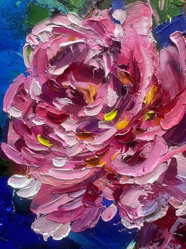 Floral Pink and Red Roses Flowers in a Glass Vase Oil Painting Canvas 20x16 Inch gallery