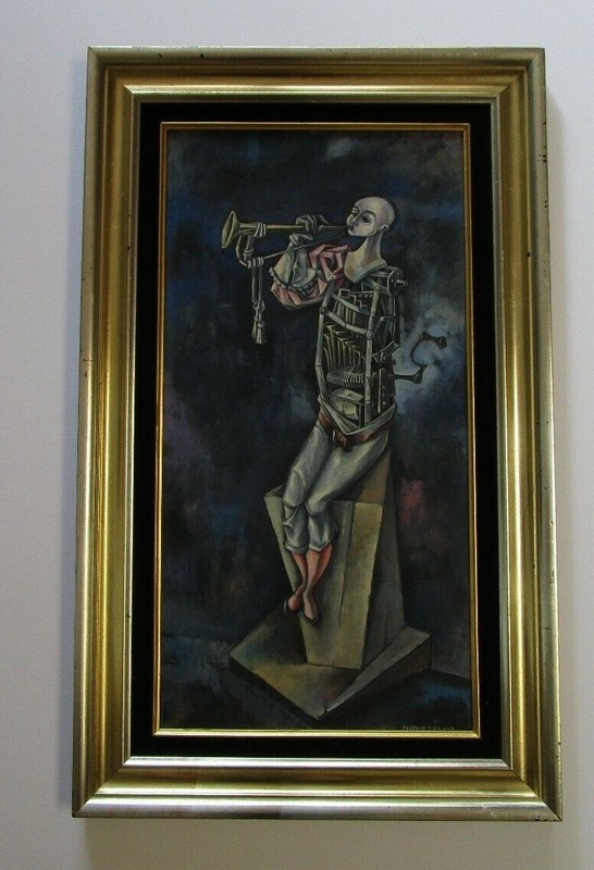 Mid Century Painting Portrait Machine Instrument Man Surrealism Music Abstract