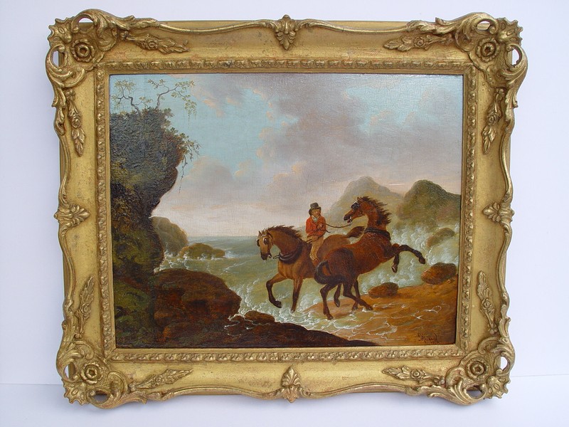 Beautiful antique painting horses horse by the sea signed JHarwood dated 1828