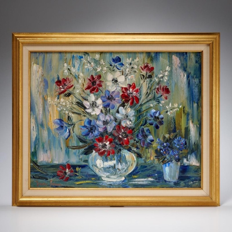 Frida Secan Oil Painting Still Life Red Blue Poppies in Vase Signed Framed 23.5″