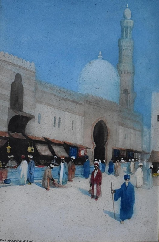 FIGURES IN A SOUK ANTIQUE WATERCLOUR c1900 HANS HANSEN RSW BRITISH SCHOOL