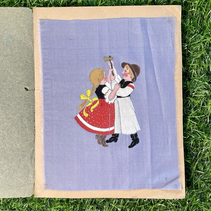 Vtg 1937 Painting on Silk Textile Art – German Bavarian Alpine Children Boy Girl