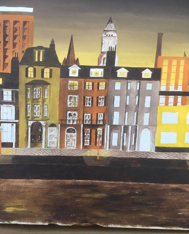 Mid Modern Century Cityscape & Bridge Oil Painting on Canvas MCM NYC? Signed TC? gallery