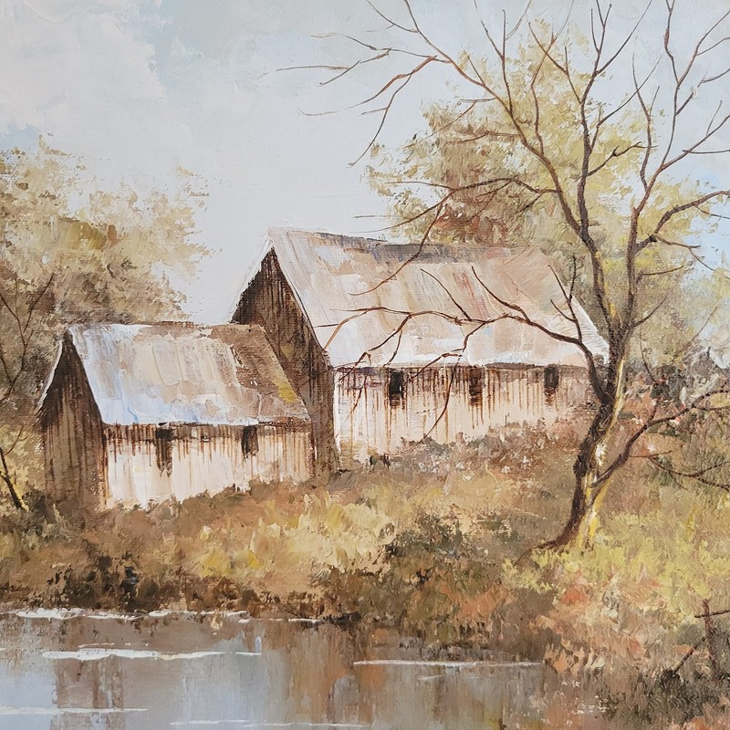 VINTAGE FRAMED COUNTRY COTTAGE LANDSCAPE OIL PAINTING 39 x 49CM SIGNED GENE gallery