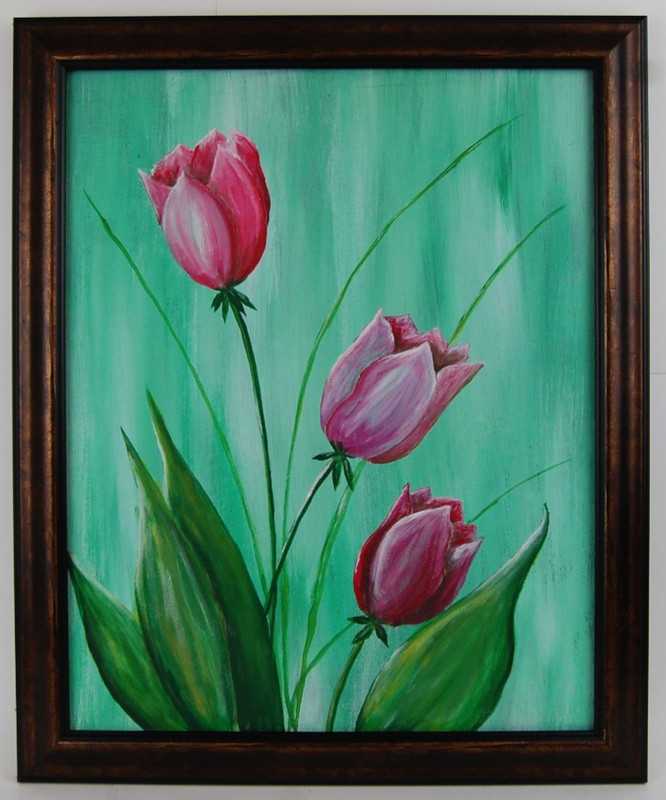 Framed Original Botanical Bouquet of Pink Tulips Flowers Oil Painting 16X20