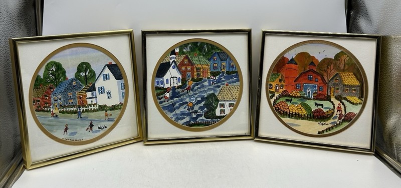 Hilda Kaihlanen Watercolors, Set of 3, Farm, Town, Spring Rain, Signed, Folk Art