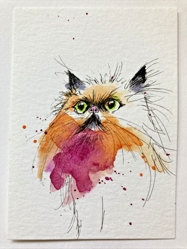 ACEO Original Watercolor Painting Cat ATC Artist Trading Card OOAK