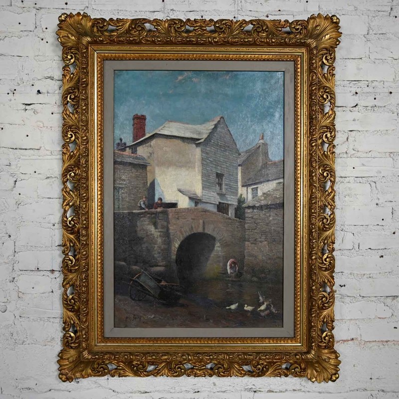 1896 Realism Landscape Oil Painting of Polperro by Hely Smith Orig Gilded Frame