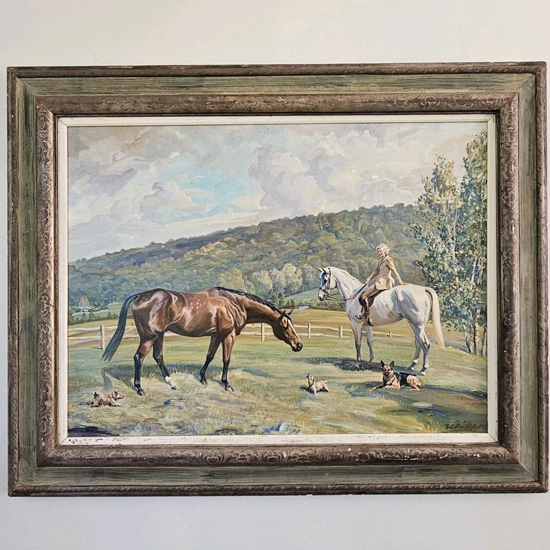 Wallace Nall (American) – Oil Painting – Equestrian – «Diana On Horseback» Dogs