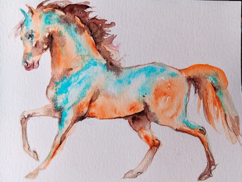 Horse running Art painting.Signed watercolor painting equine,equestrian art 7×5″